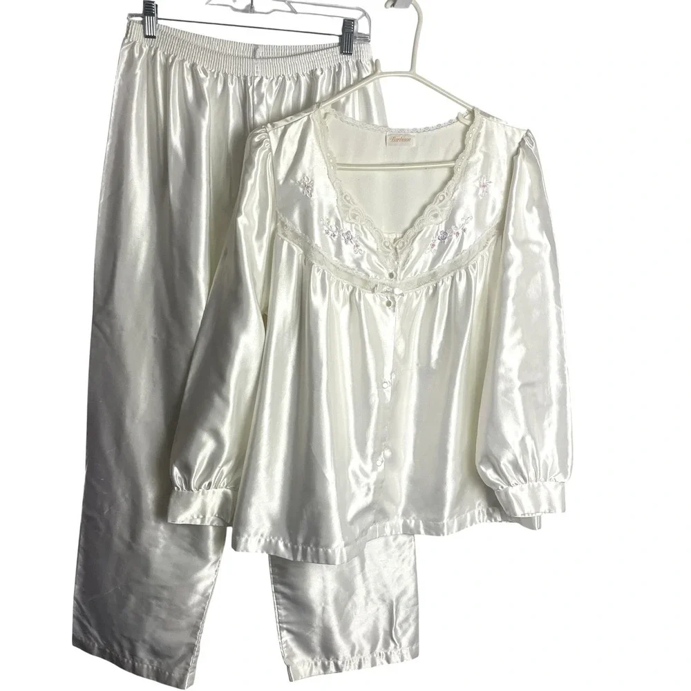 Vtg Barbizon Womens Satin Pajama Set Size XL White‎ Embroidered Lace Top Bottoms